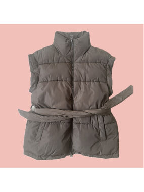 NOIZE Charlie Belted Puffer Vest Taupe Brown Vegan Puffer M